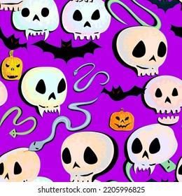 Seamless Pattern of Halloween Skulls, Bat and Snake in Doodle Style on Magenta Background