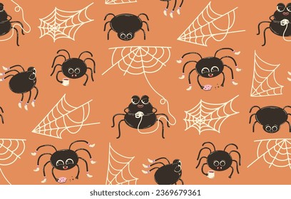 Seamless pattern for Halloween with spiders and cobwebs. Vector background with cute spider characters in flat retro style.