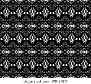 seamless pattern for Halloween with spiders and cobwebs in vintage style on black background