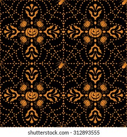 Seamless pattern for Halloween with spiders, pumpkins and cobwebs