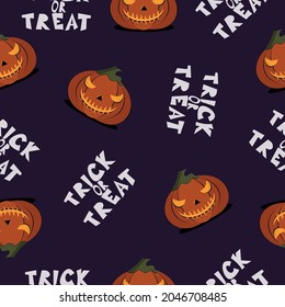 Seamless pattern for halloween with spooky pumpkin and trick or treat text. Endless pattern