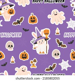 Seamless Pattern Halloween. Stickers Cute Rabbit In Witch Hat With Broom, Pumpkin Jack And Ghost On Purple Background With Bats, Skulls And Cobwebs. Vector Illustration. Cute Halloween Background