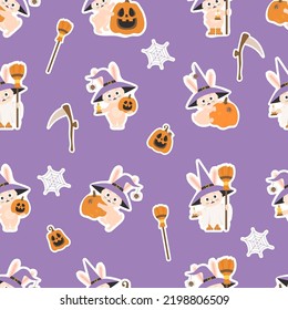 Seamless pattern Halloween. Stickers cute rabbit in witch hat with broom, Pumpkin Jack, witchs scythe and ghost on purple background with cobwebs. Vector illustration. Cute Halloween background