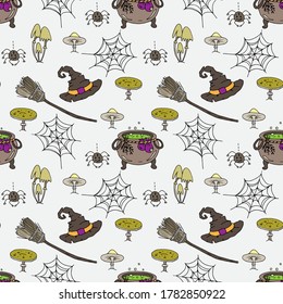 Seamless pattern for Halloween. With stylish hand drawn cartoon characters and elements. Doodle style vector pattern with witch hat, broom, spider web, mushrooms.