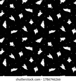 Seamless pattern for Halloween. With stylish hand drawn cartoon characters and elements. Doodle style vector pattern with ghost. White ghost on black background
