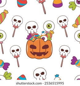 Padrão sem costura com doces de Halloween Doce. Vetor de Ilustração Premium.