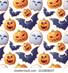Seamless pattern with Halloween sweets. Cookies in the form of a ghost, a bat, a pumpkin. Trick or treat. Festive texture great for wrapping paper, wallpaper, fabric, etc.