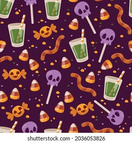 Seamless pattern with Halloween sweets on a dark purple background. Lollipops, worms and candies. Vector illustration in minimalistic flat style, hand made child s drawing. Textile printing