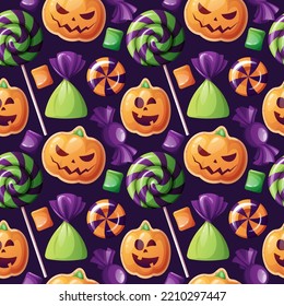 Seamless pattern with Halloween sweets on a dark background. Cookies in the form of pumpkin, candy, lollipop, marshmallow. Trick or treat. Festive texture great for wrapping paper, wallpaper, fabric, 