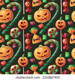 Seamless pattern with Halloween sweets on a dark background. Cookies in the form of pumpkin, candy, lollipop, marshmallow. Trick or treat. Festive texture great for wrapping paper, wallpaper, fabric, 