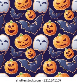 Seamless pattern with Halloween sweets on a dark background. Cookies in the form of a ghost, a bat, a pumpkin. Trick or treat. Festive texture great for wrapping paper, wallpaper, fabric, etc.
