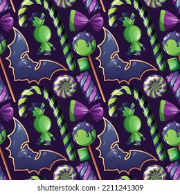 Seamless pattern with Halloween sweets on a dark background. Bat cookies, candy, lollipop, marshmallow. Trick or treat. Festive texture great for wrapping paper, wallpaper, fabric, etc.