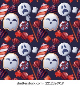 Seamless pattern with Halloween sweets on a dark background. Ghost cookies, candy, lollipop, marshmallow. Trick or treat. Festive texture great for wrapping paper, wallpaper, fabric, etc.