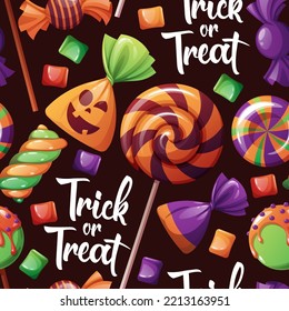 Seamless pattern with Halloween sweets on a dark background. Trick or treat. Texture with candies and lollipops with a spiral pattern. Suitable for wrapping paper, scrapbooking, wallpaper, textile