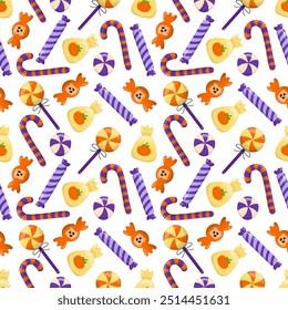 Seamless pattern with Halloween sweets. Sweet dessert illustration Halloween themed candy. In cartoon style, on a white background. Orange color.
