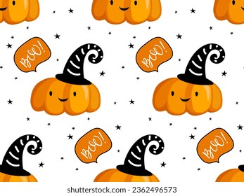 Seamless pattern with halloween symbol. Cute pumpkin with hat speaking boo. Smiling pumpkin for Halloween. Vector print in cartoon style. Repeated background for textile, wrapping paper, wallpaper.