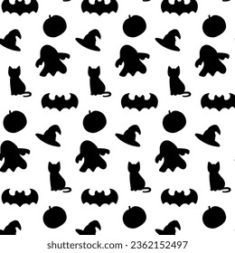 Seamless pattern Halloween symbols. Halloween black silhouettes.Vector illustration.