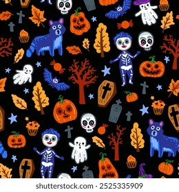 Seamless pattern of Halloween symbols and characters, Children with funny and scary ghost, cat and bat, forest costumes background