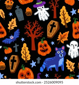 Seamless pattern of Halloween symbols and characters, Children with funny and scary ghost, cat and bat, forest costumes background