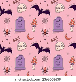 Patrón sin foco con símbolos de halloween: cráneo adornado, lápida, mosca agaric, araña, murciélago sobre rosa. Fondo vectorial de Halloween para invitación, afiche, tarjeta, postal, banner, boleto