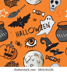 Seamless pattern with Halloween symbols, elements. Background with moon, pumpkin, ghosts, broom, spider web, candy, skull for wrapping paper, printing on fabric, Wallpaper. Cartoon vector illustration