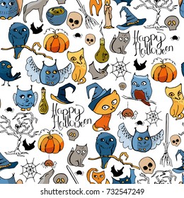 Seamless pattern with Halloween symbols. Endless texture with cute doodles