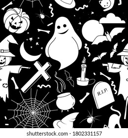 Nahtloses Muster von Halloween-Symbolen auf schwarzem Hintergrund. Vektor EPS10