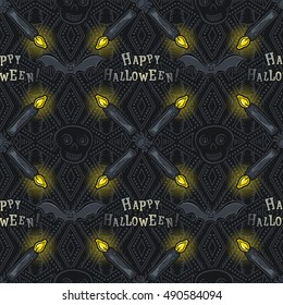 Seamless Pattern with Halloween symbols on black background, vector