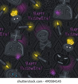 Seamless Pattern with Halloween symbols on black background, vector