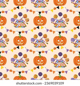 Seamless pattern with Halloween symbols. Pumpkin, jack o lantern, sweets, candy, garland with flag and ghost. For wallpaper, gift paper, fabric, holiday decoration, greeting cards.Vector illustration.