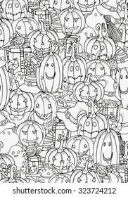 Seamless pattern with Halloween symbols pumpkin, broom, bat, spider webs.  Pattern for coloring book. Hand-drawn decorative elements in vector. Black and white.  Made by trace from sketch. Zentangle.