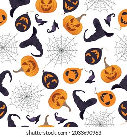 A seamless pattern with Halloween symbols, such as a jack-o - lantern pumpkin, a balloon with creepy grimaces, a witch s hat and shoes, and a spider web. Halloween symbols for the print. Vector