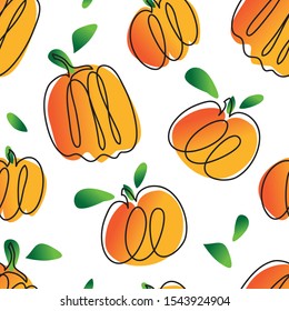 Seamless pattern halloween thanksgiving vector background. Hand drawn orange pumpkins editable composition. Cute cartoon line art on white. Holiday greeting card, banner, poster, social media template