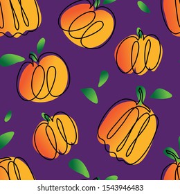 Seamless pattern halloween thanksgiving vector clipart. Hand drawn orange pumpkins editable composition. Cute cartoon line art on violet. Harvest sketch. Holiday greeting, banner, poster, social media