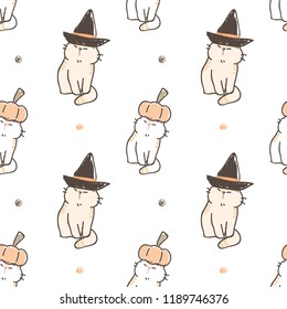 Seamless Pattern of Halloween Theme with Cartoon Cat, Hat, Pumpkin Design on White Background