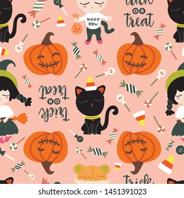 Seamless pattern of halloween theme. Cute girls in halloween costume with black cats, corn candy, Jack-o'-lantern and lettering of "trick or treat".