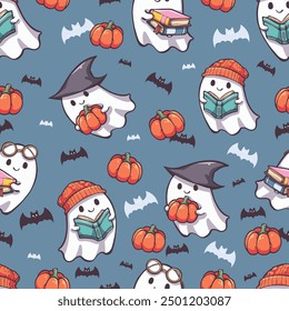 Seamless pattern halloween theme of cute ghost cartoon. Ghost reading, holding books and hugging pumpkin, Pattern for fabric and wrapping paper, Pattern for design wallpaper and fashion prints.