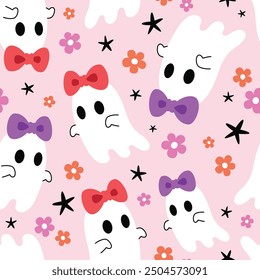 Seamless pattern halloween theme of cute ribbon ghost cartoon. Pattern for fabric and wrapping paper, Pattern for design wallpaper and fashion prints.