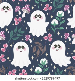 Seamless pattern halloween theme with cute smiling ghosts and autumn mushrooms and plants. Vector illustration.