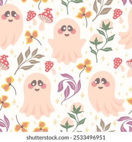 Seamless pattern halloween theme with cute smiling ghosts and autumn mushrooms and plants. Vector illustration.