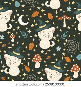 Seamless pattern Halloween theme. Cute spooky cat with witch hat and amanita mushrooms. Vector illustration.