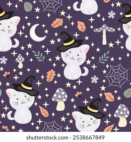 Seamless pattern Halloween theme. Cute spooky cat with witch hat and amanita mushrooms. Vector illustration.