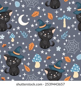 Seamless pattern Halloween theme. Cute spooky cat with witch hat and amanita mushrooms. Vector illustration.