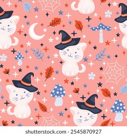 Seamless pattern Halloween theme. Cute spooky cat with witch hat and amanita mushrooms. Vector illustration.