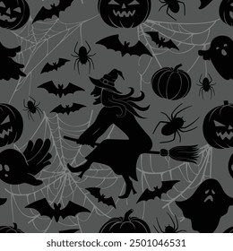 Seamless pattern with a Halloween theme in dark black and gray hues. The design features ghosts, carved pumpkins, bats, spiders, a witch and spiderwebs.