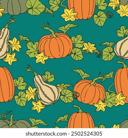 Seamless pattern halloween theme of floral fall pumpkin. Pumpkin fruit, leaves and pumpkin flowers, Pattern for fabric and wrapping paper, Pattern for design wallpaper and fashion prints.