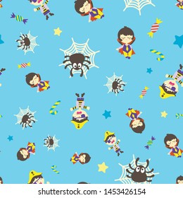 Seamless pattern of halloween theme. Illustration of cute dracula, crying pirate, spider, webs and candies on  turquoise background. Design for scrapbook, gift wrap, textile, fabric, wallpaper, etc..