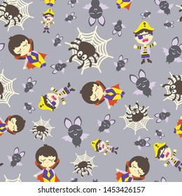 Seamless pattern of halloween theme. Illustration of cute dracula, crying pirate, spider, webs, and bat on grey background. Design for scrapbooking, gift wrap, textile, fabric, wallpaper and packaging