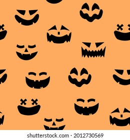 Seamless pattern of Halloween theme Jack O lantern faces, scary ghost faces in solid black color on orange background 