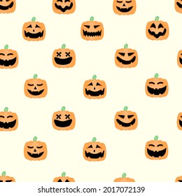 Seamless pattern of Halloween theme Jack O lantern faces, scary ghost faces on pale yellow background 